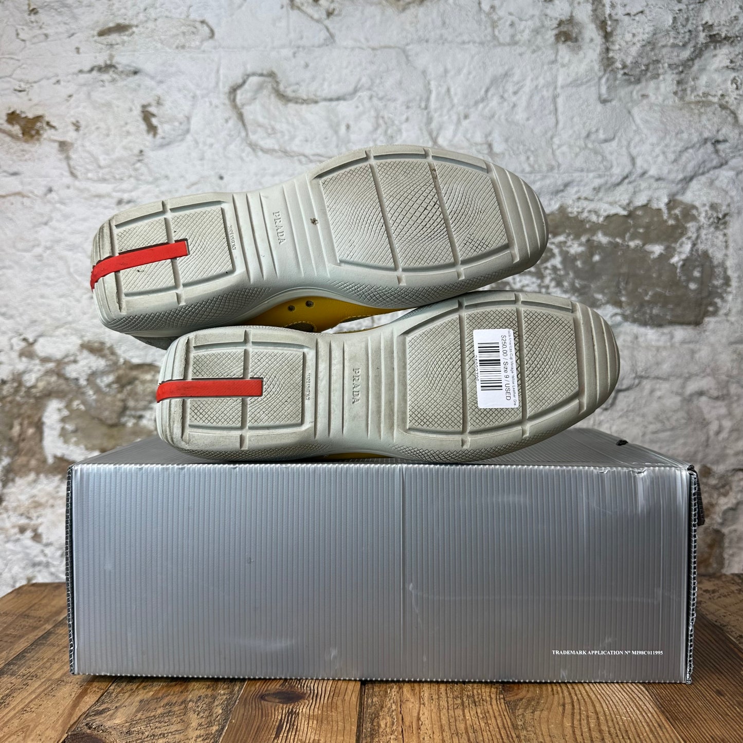 Prada Americas Cup Vintage Yellow Leather Grey Sneaker Sz 9