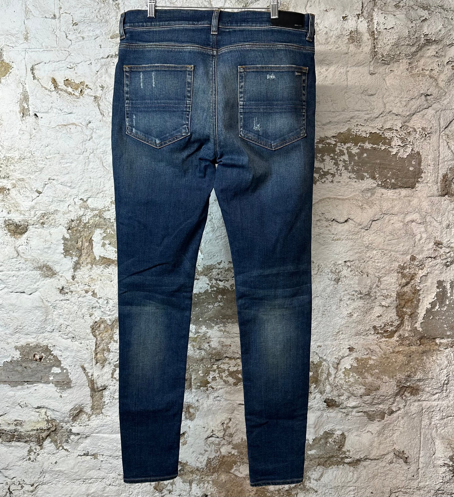 Amiri MX1 Black Leather Dark Blue Denim Jeans Sz 36