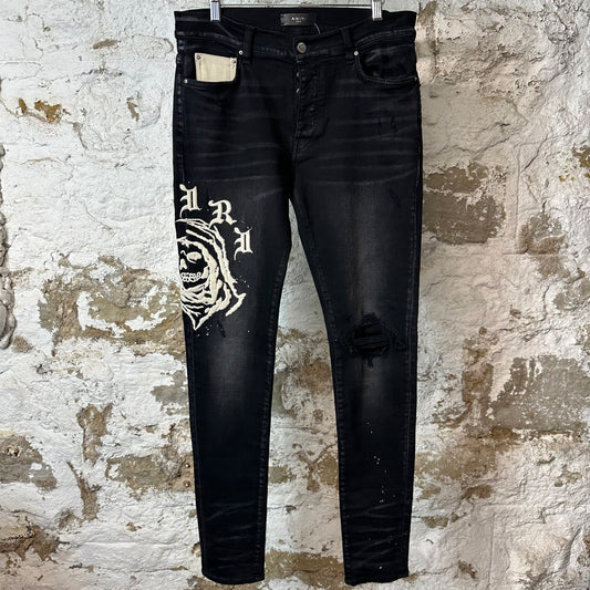Amiri Cream Embroidered Reaper Logo Black Denim Jeans Sz 32
