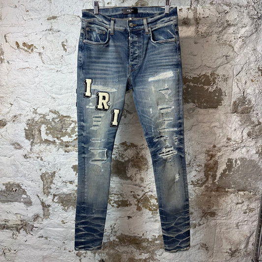 Amiri Varsity Felt Spell Distressed Blue Denim Jeans Sz 30