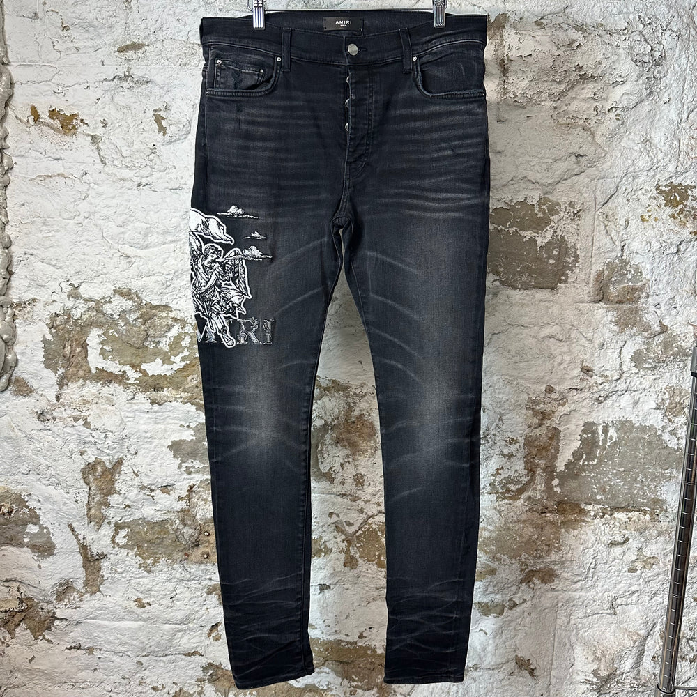 Amiri Embroidered Angel Logo Black Denim Jeans Sz 34