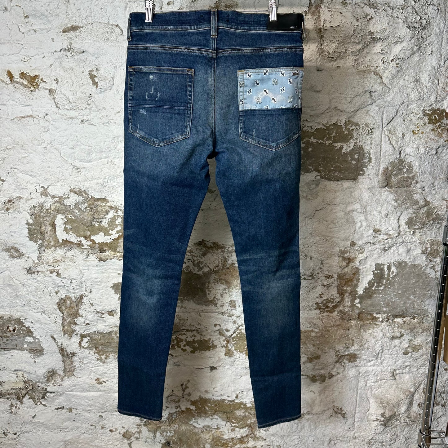Amiri Satin Paisley Patches Dark Blue Denim Jeans Sz 34