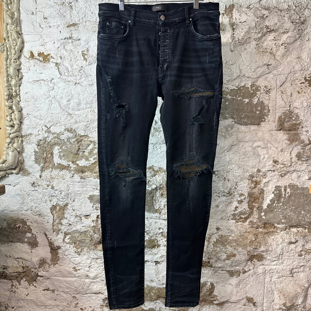 Amiri MX1 Camo Patch Black Denim Jeans Sz 36