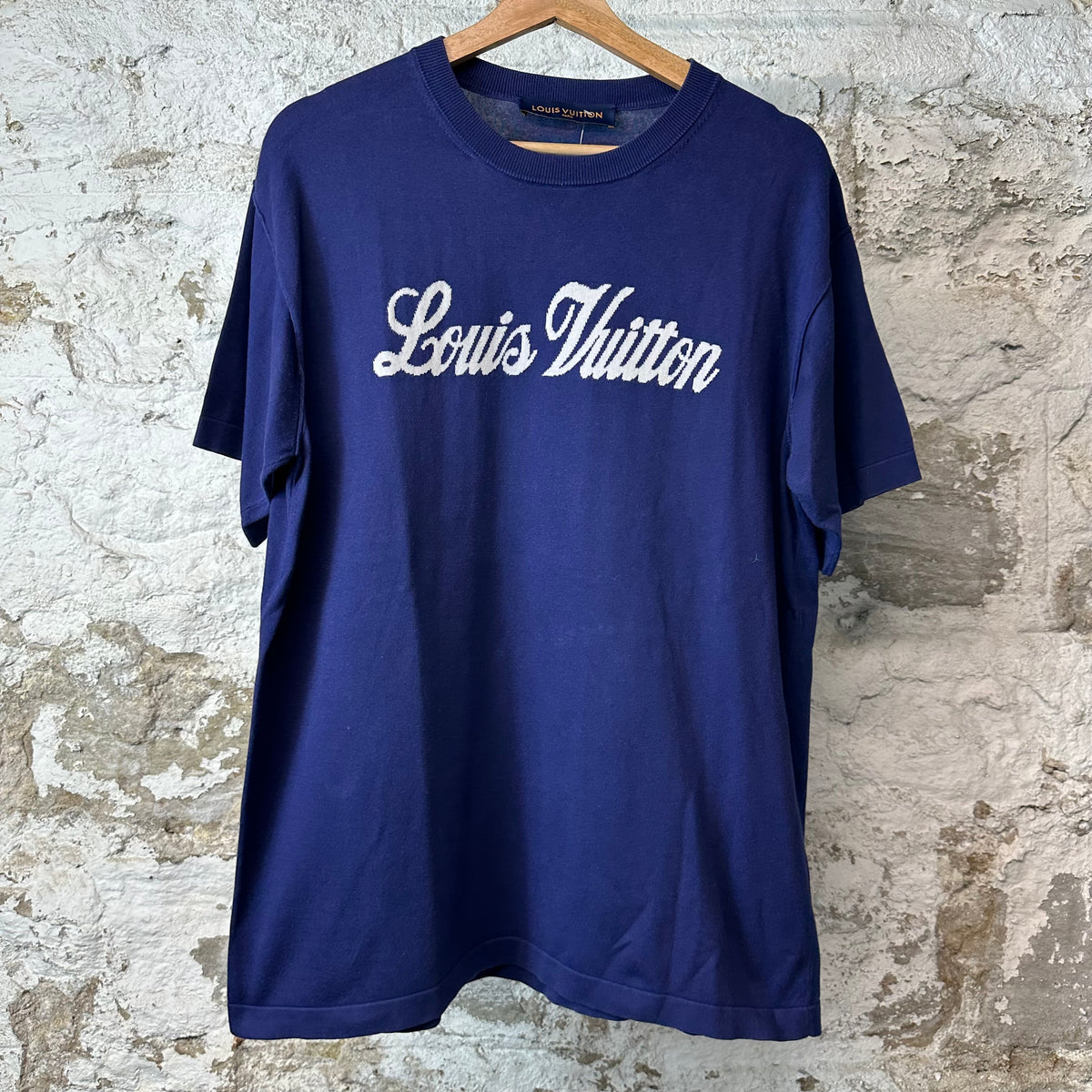 Louis Vuitton White Spellout Knit Navy T-Shirt Sz M