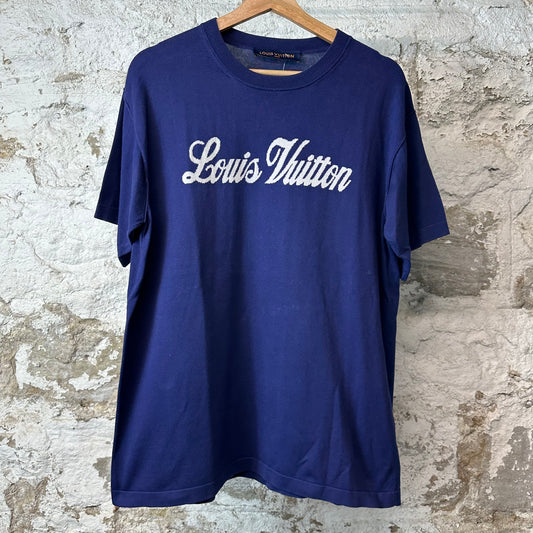 Louis Vuitton White Spellout Knit Navy T-Shirt Sz M
