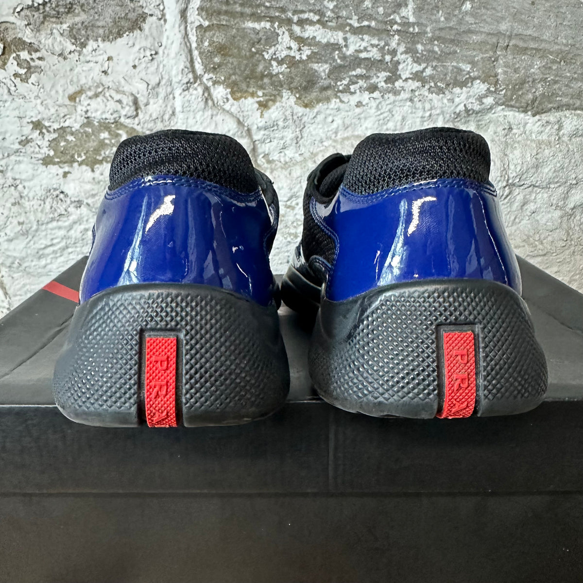 Prada Americas Cup Royal Blue Patent Black Sneaker Sz 9.5