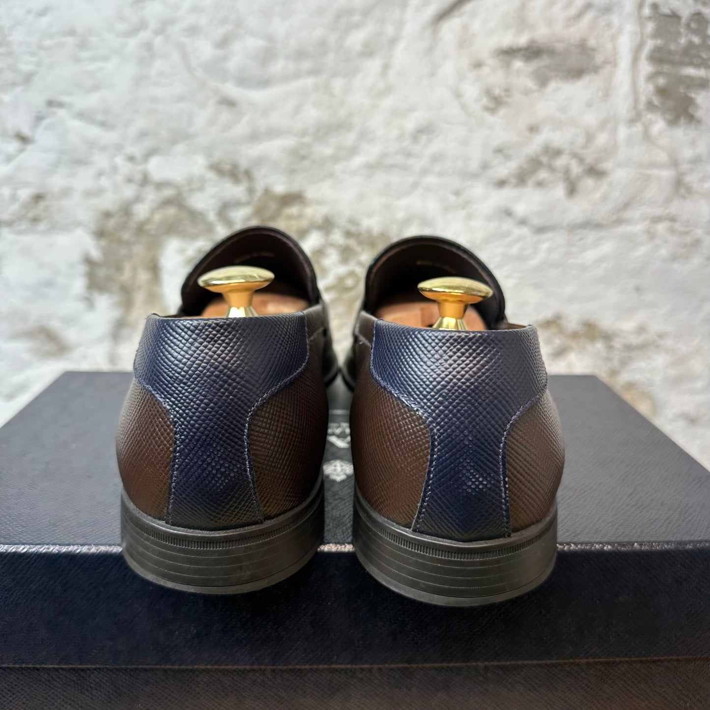 Prada Brown Navy Slip On Loafers Sz 10