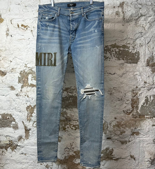Amiri MX1 Camo Spell Patch Blue Denim Jeans Sz 36