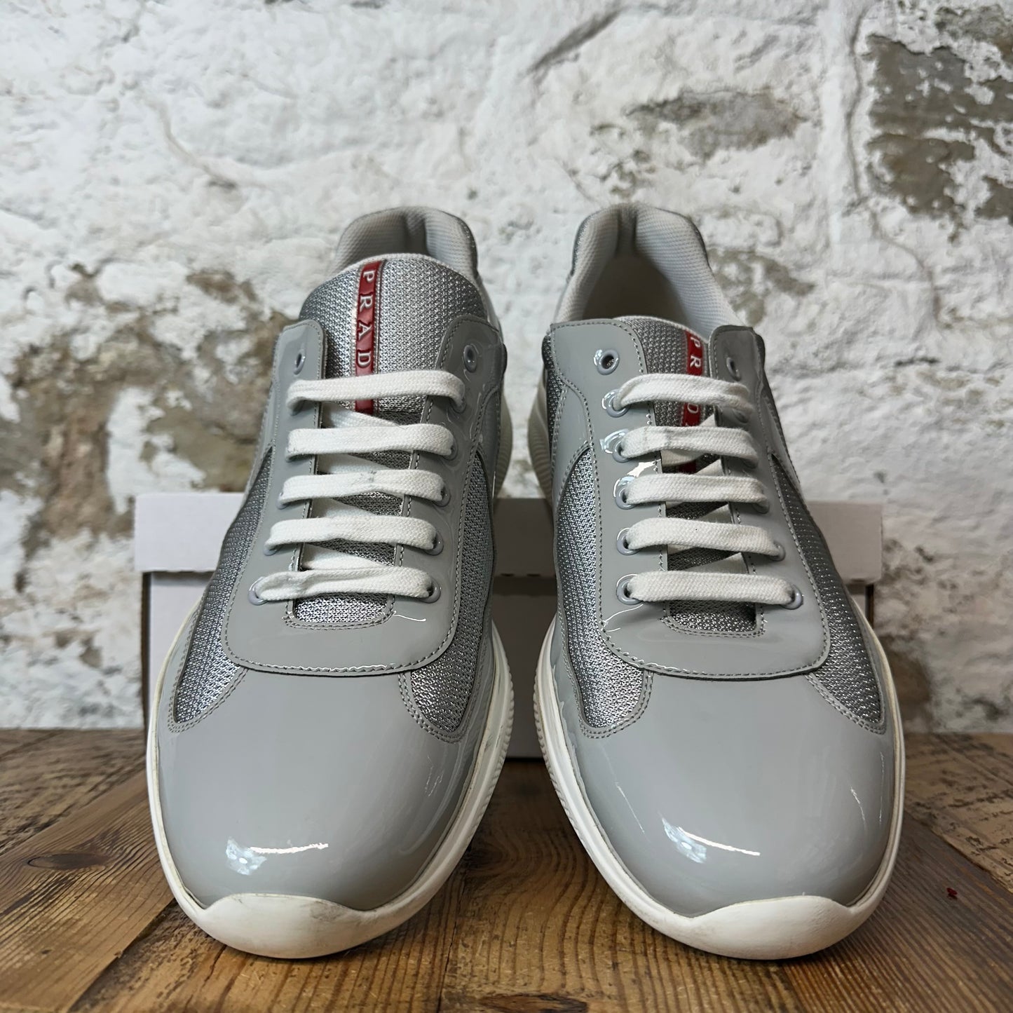 Prada Americas Cup Grey Patent White Sneaker Sz 13