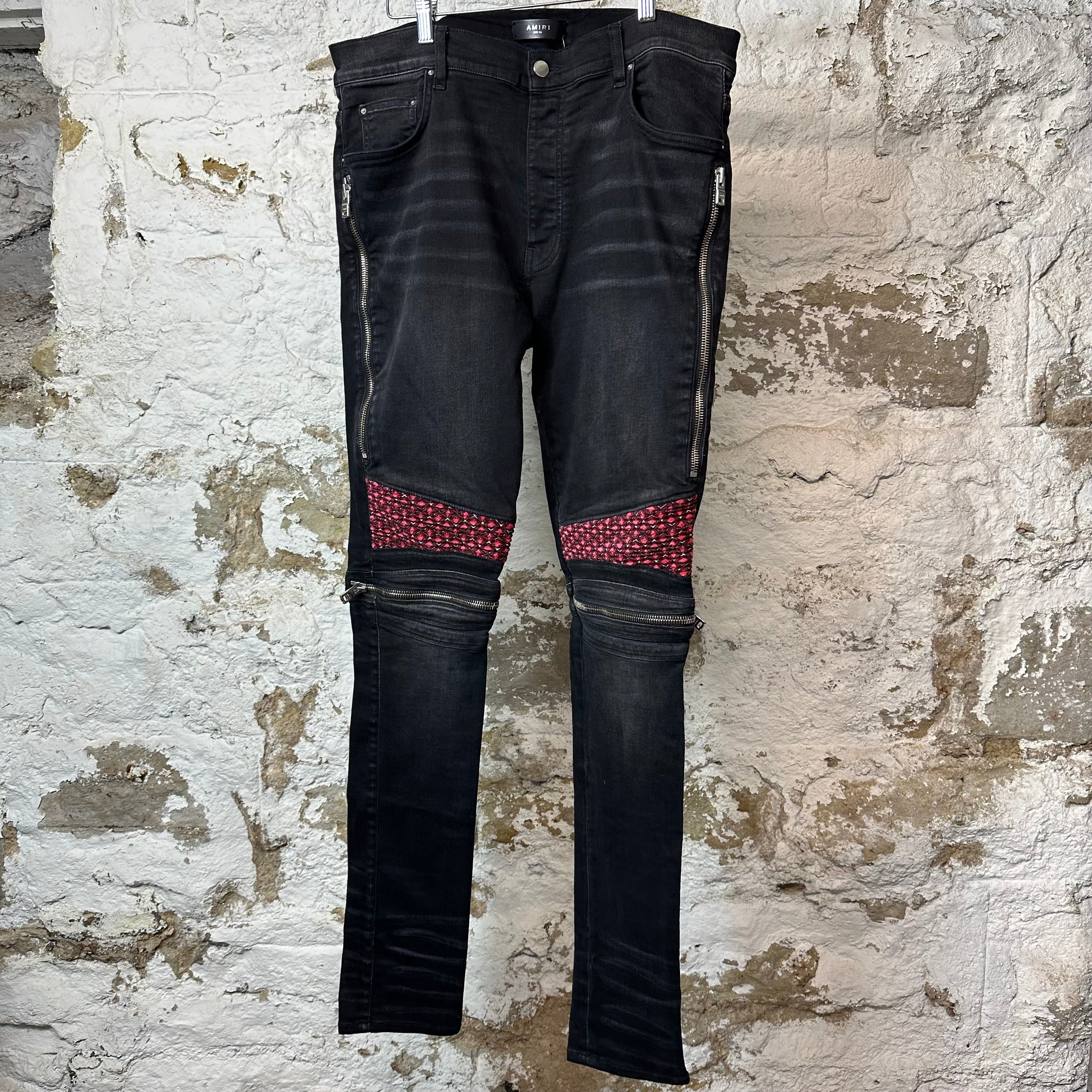 Amiri MX2 Pink Red Patch Black Denim Jeans Sz 36