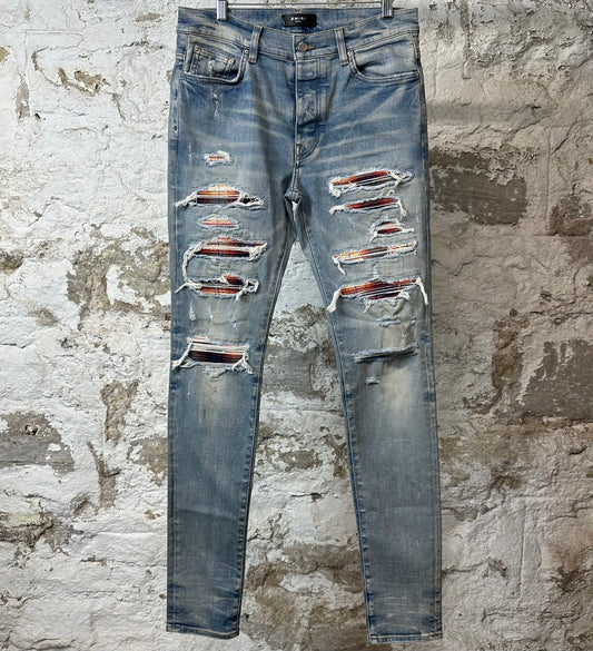 Amiri MX1 Multicolor Flannel Blue Denim Jeans Sz 32