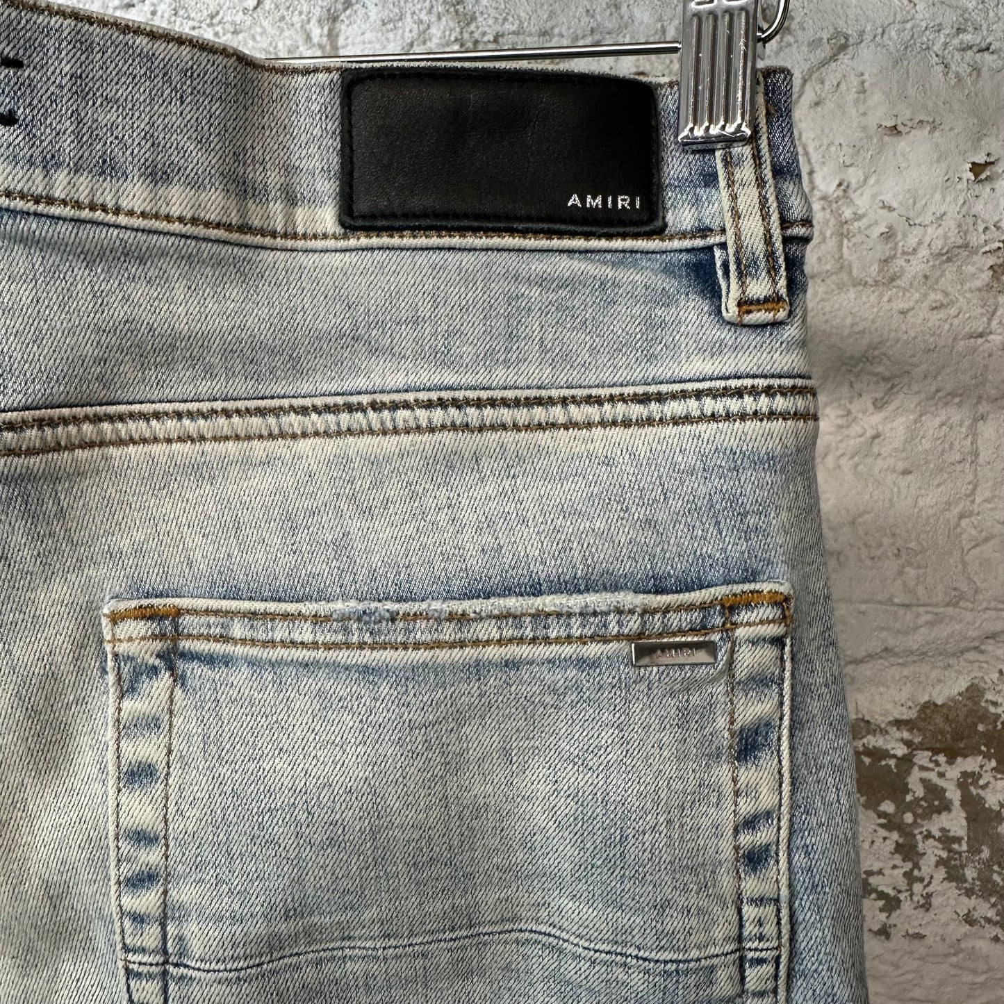 Amiri MX1 Black Leather Thrasher Washed Blue Denim Jeans Sz 33