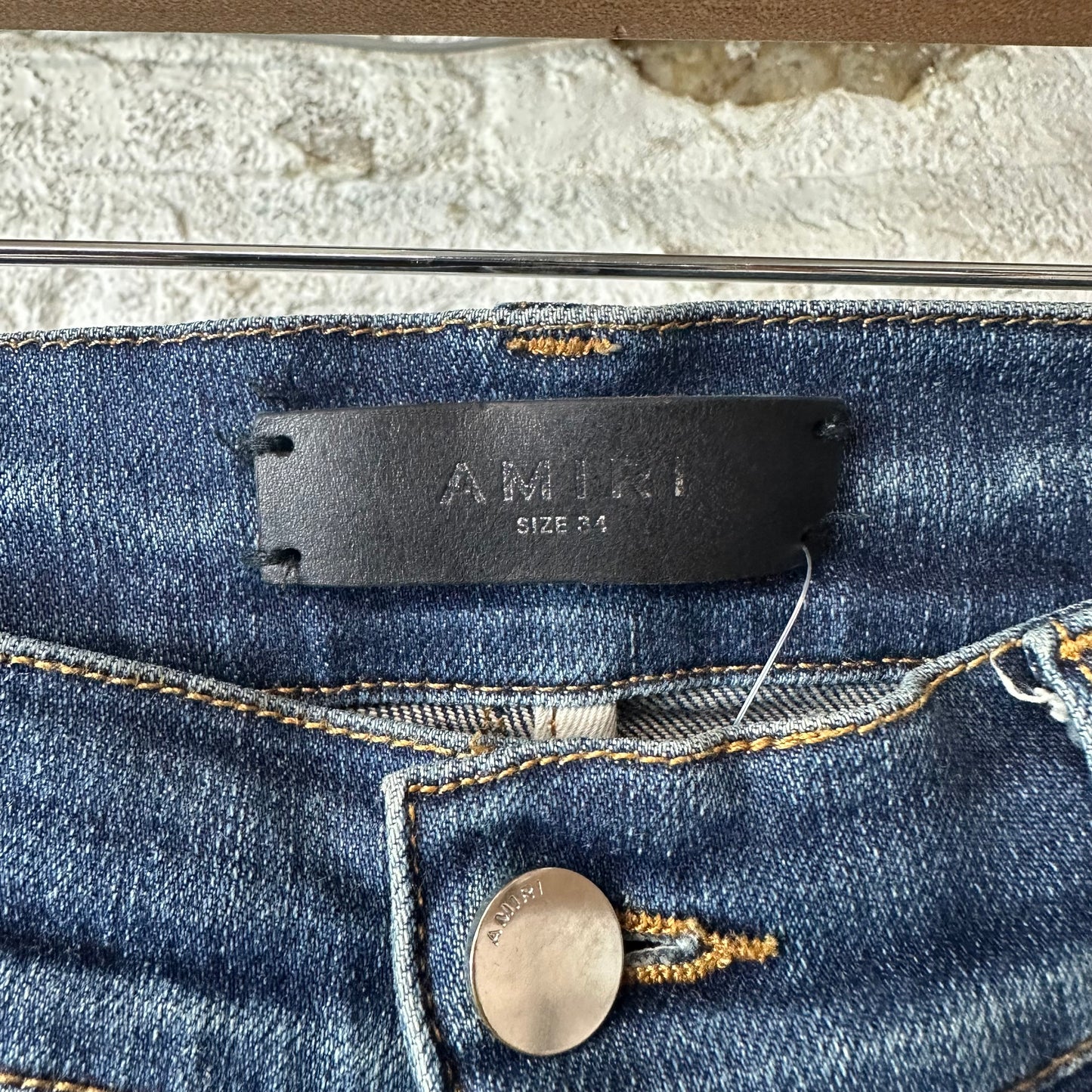 Amiri MX1 Black Leather Dark Blue Denim Jeans Sz 34