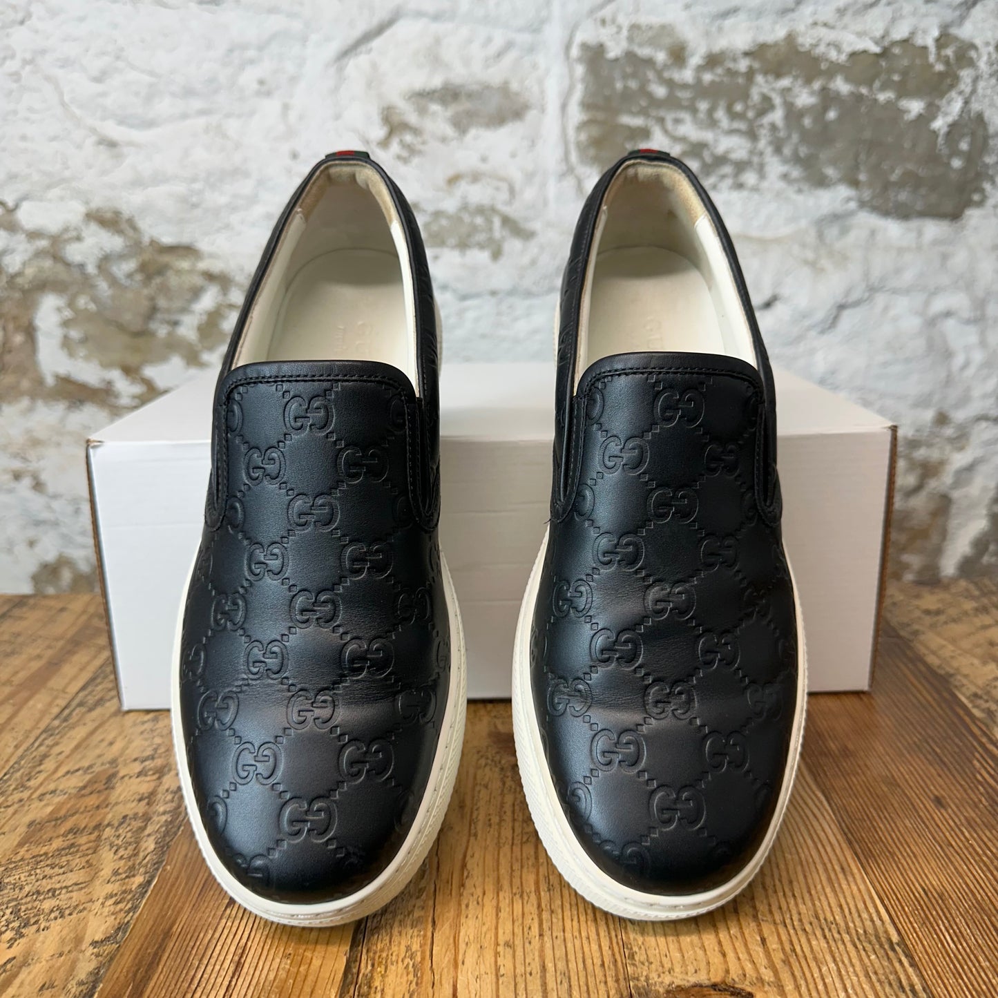 Gucci Black GG Embossed Monogram Slip On White Sneaker Sz 7.5