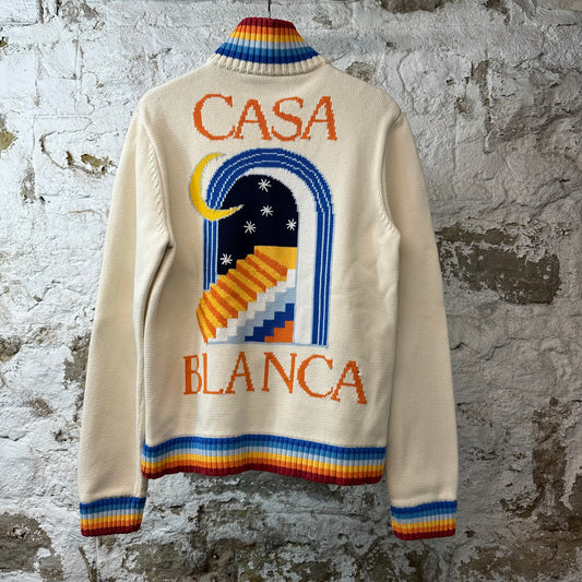 Casablanca Intarsia Moon Knit Zip Up Jacket Cream Sz M