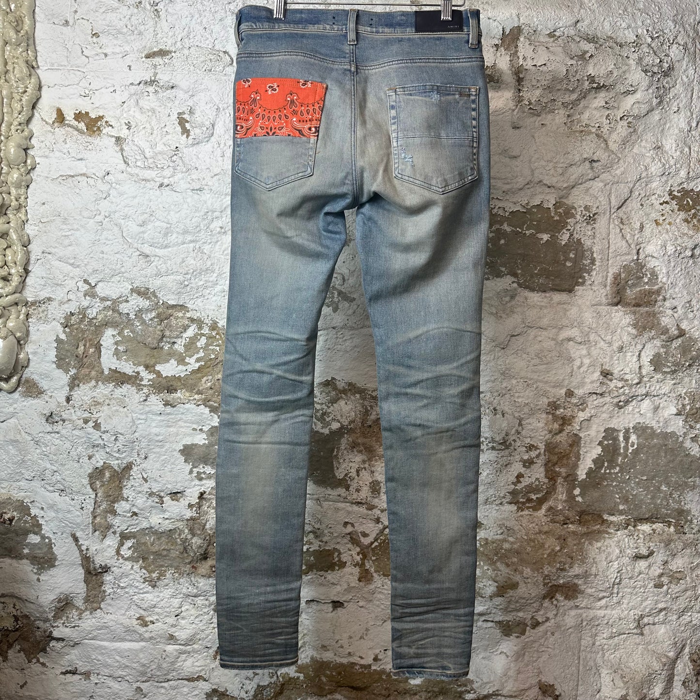 Amiri MX1 Orange Art Patch Blue Denim Jeans Sz 32