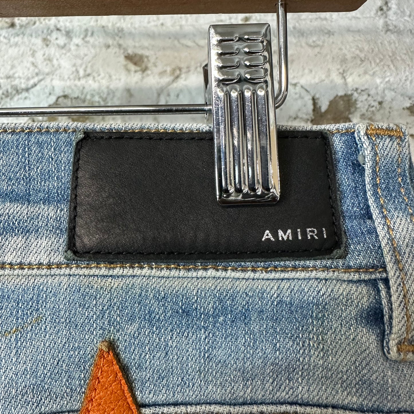 Amiri Orange Leather Star Chemist Blue Denim Jeans Sz 30