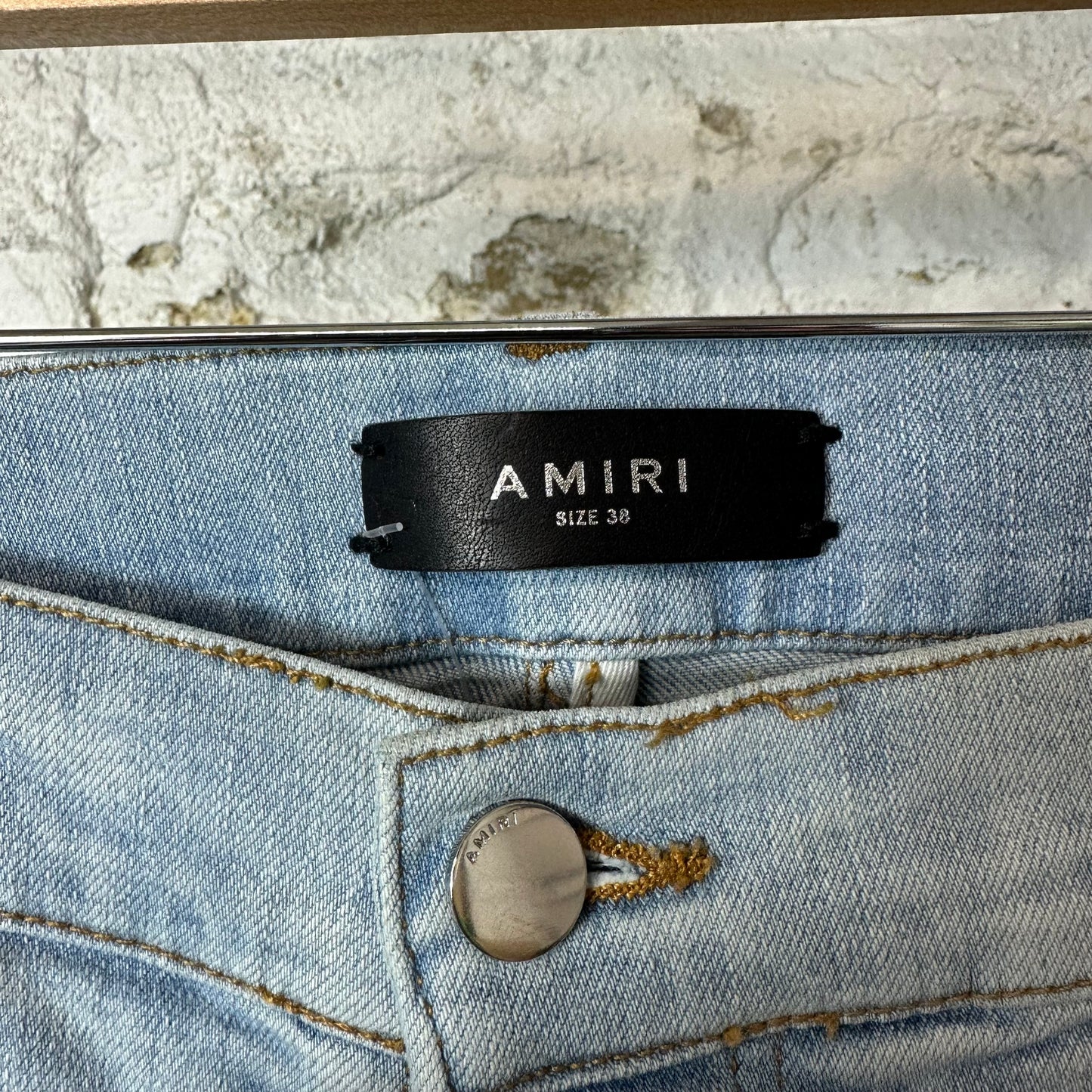 Amiri Black Stitch Spell Lightwash Blue Denim Jeans Sz 38