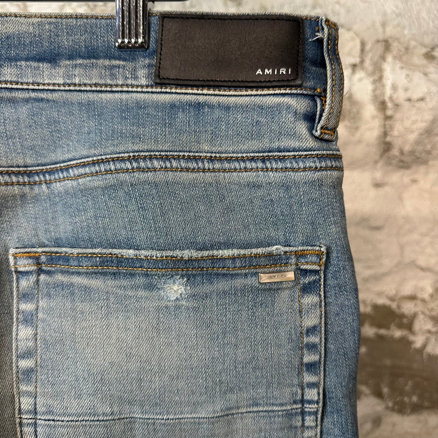 Amiri MX1 Black Leather Dark Blue Denim Jeans Sz 34