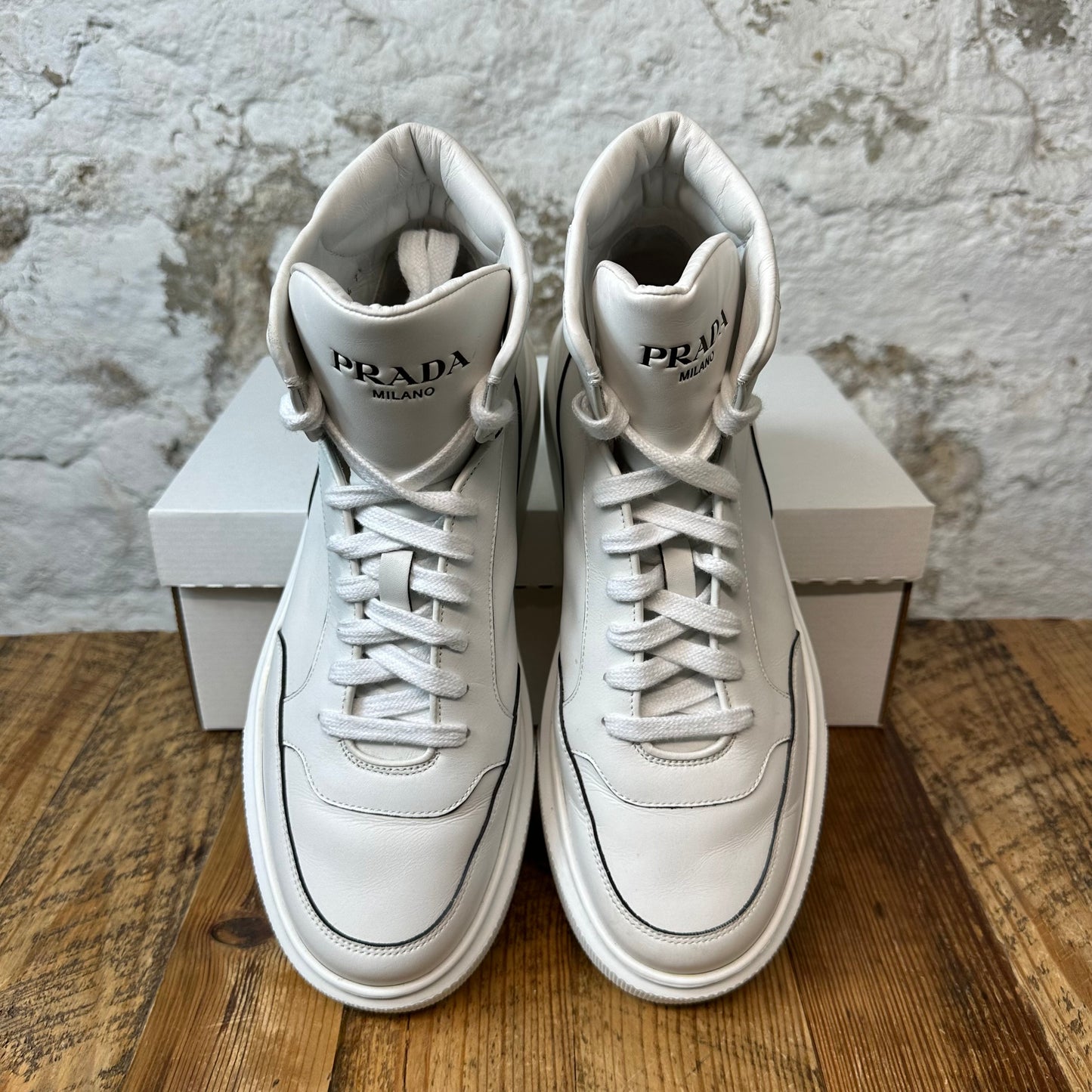 Prada Milano White Leather High Top Sz 7.5 No Box