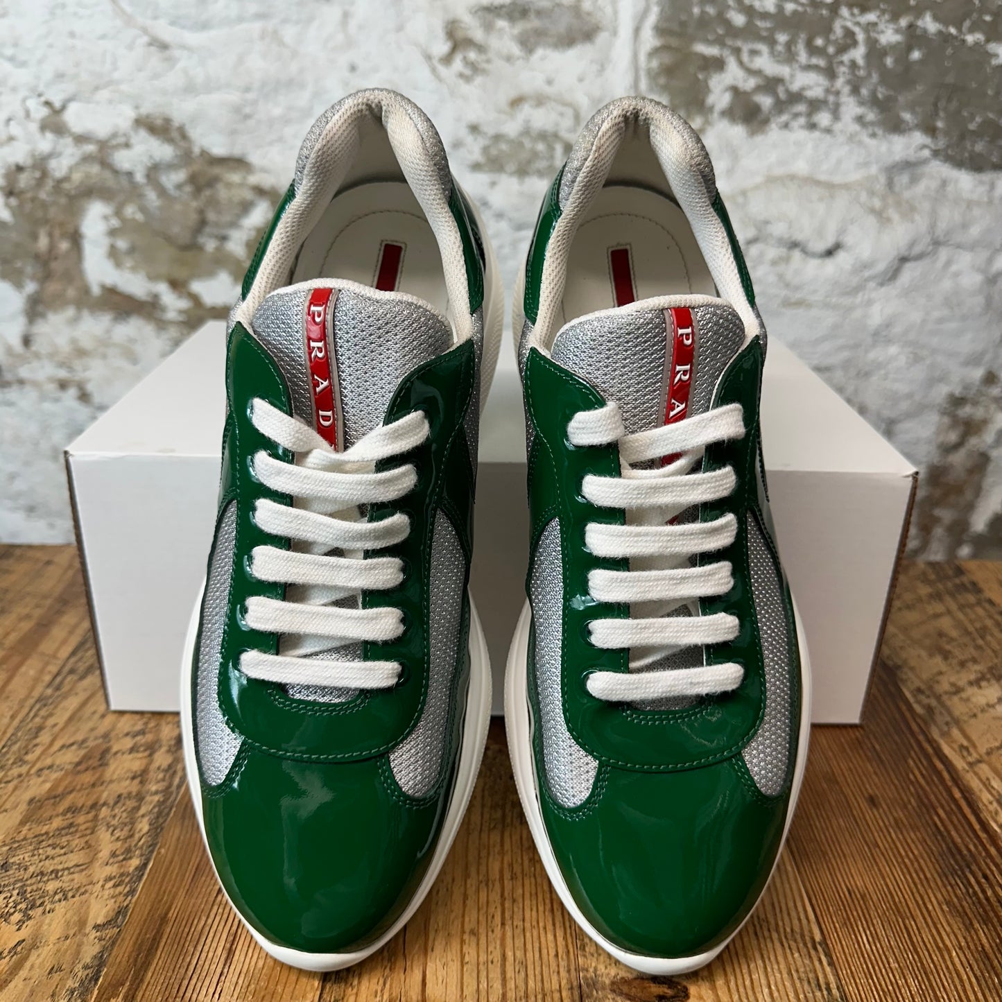 Prada Americas Cup Green Patent Grey White Sneaker Sz 8.5