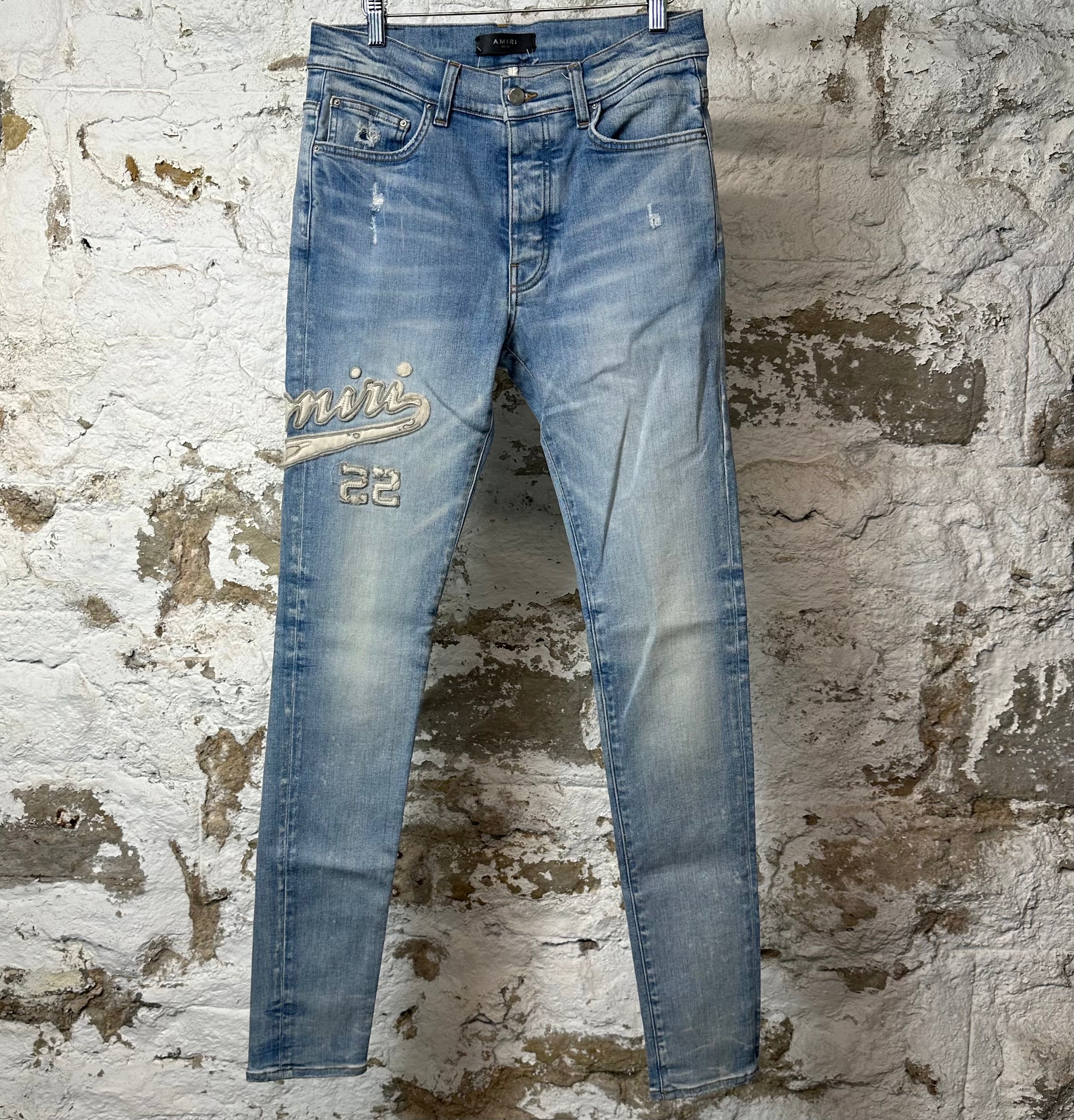 Amiri Varsity 22 Patch Blue Denim Jeans Sz 31