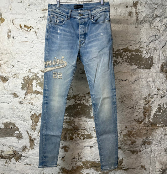 Amiri Varsity 22 Patch Blue Denim Jeans Sz 31