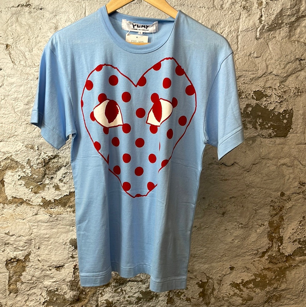CDG Red Polka Heart Blue T-Shirt Sz L DS