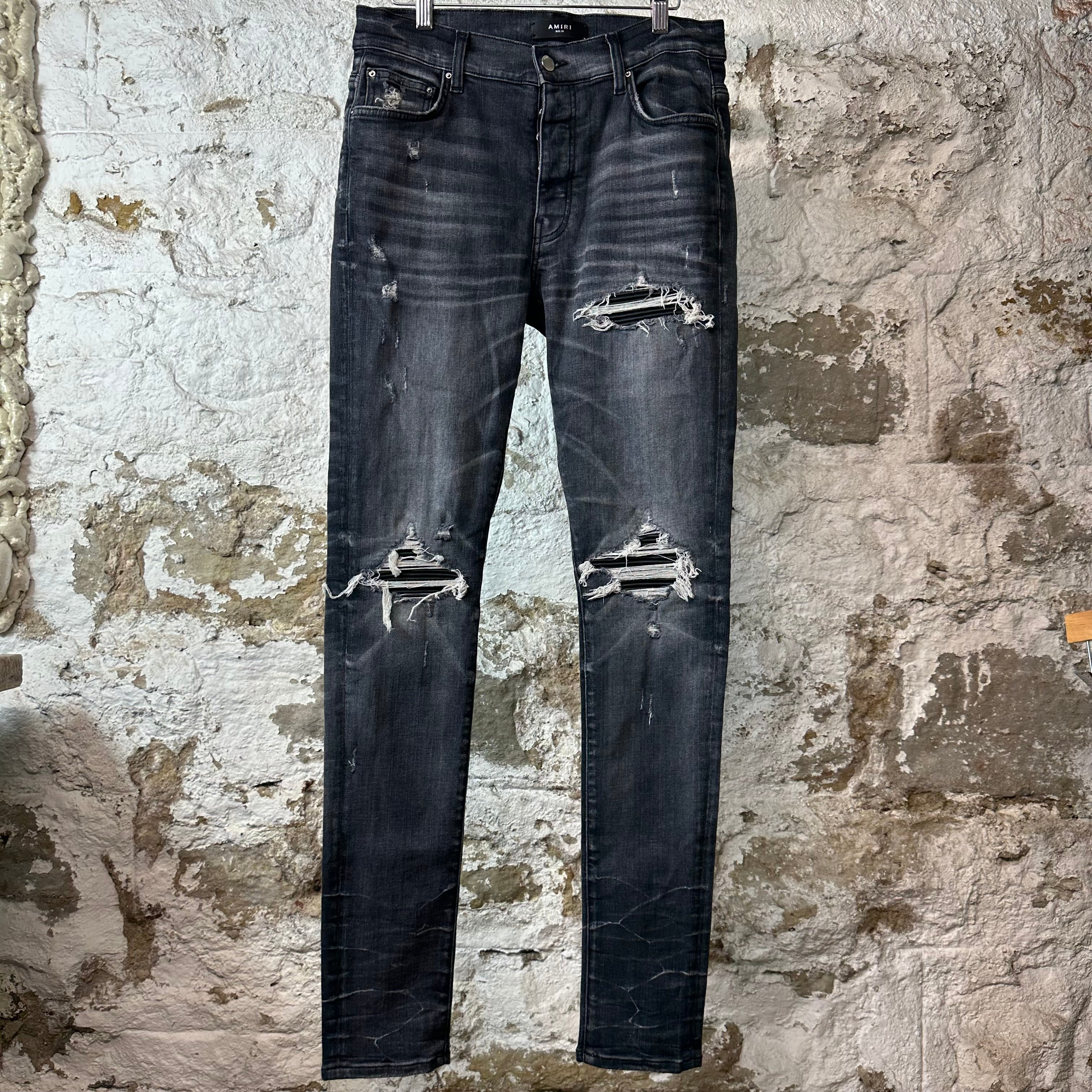 Amiri MX1 Black Leather Grey Denim Jeans Sz 31