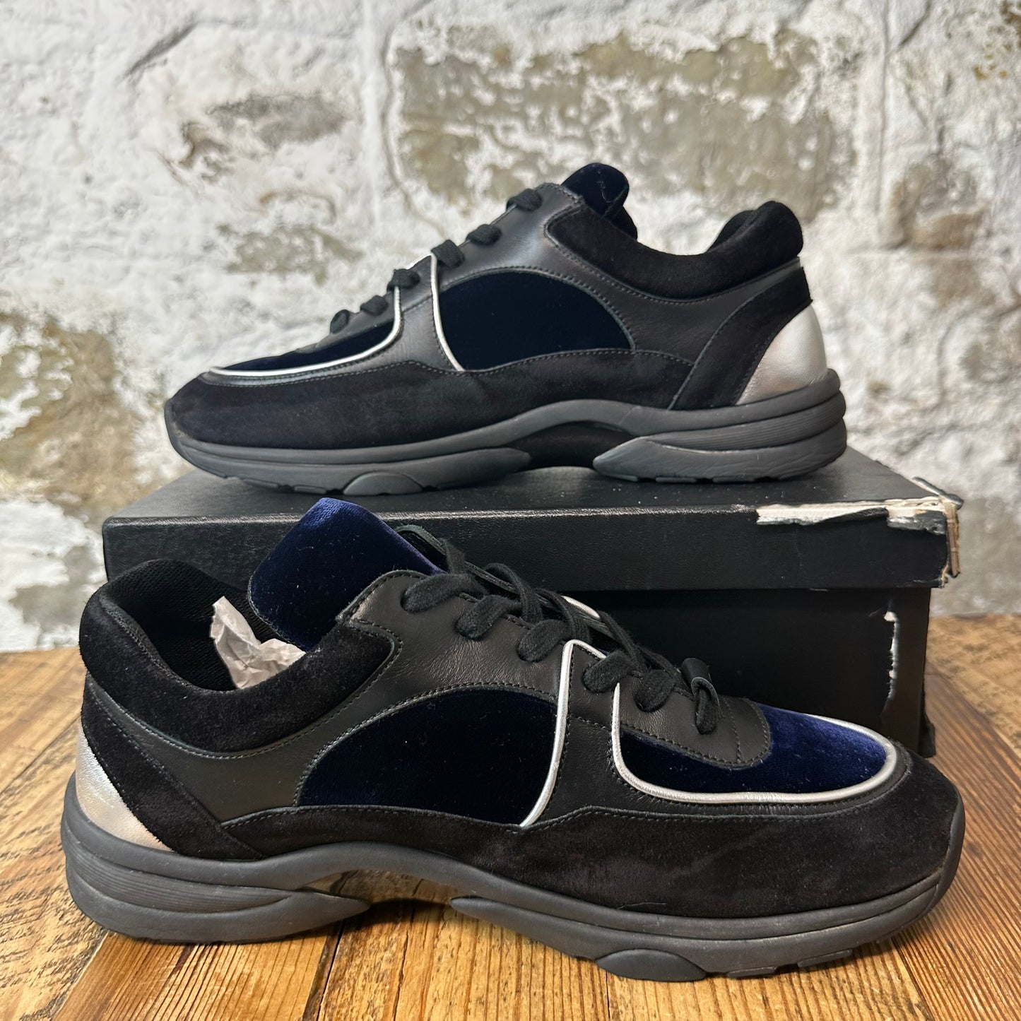 Chanel Silver CC Black Navy Velour Sneaker Sz 8.5 (41.5)
