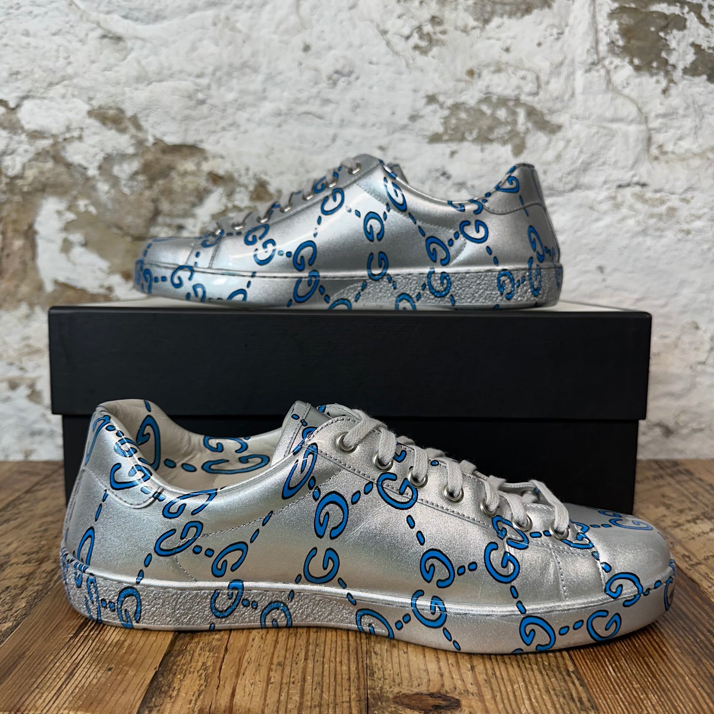 Gucci Blue GG Monogram Silver Ace Sneaker Sz 8