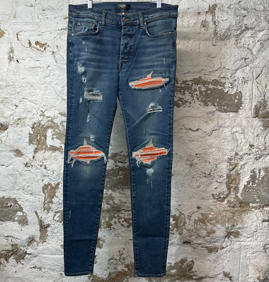 Amiri MX1 Orange Suede Dark Blue Denim Jeans Sz 34