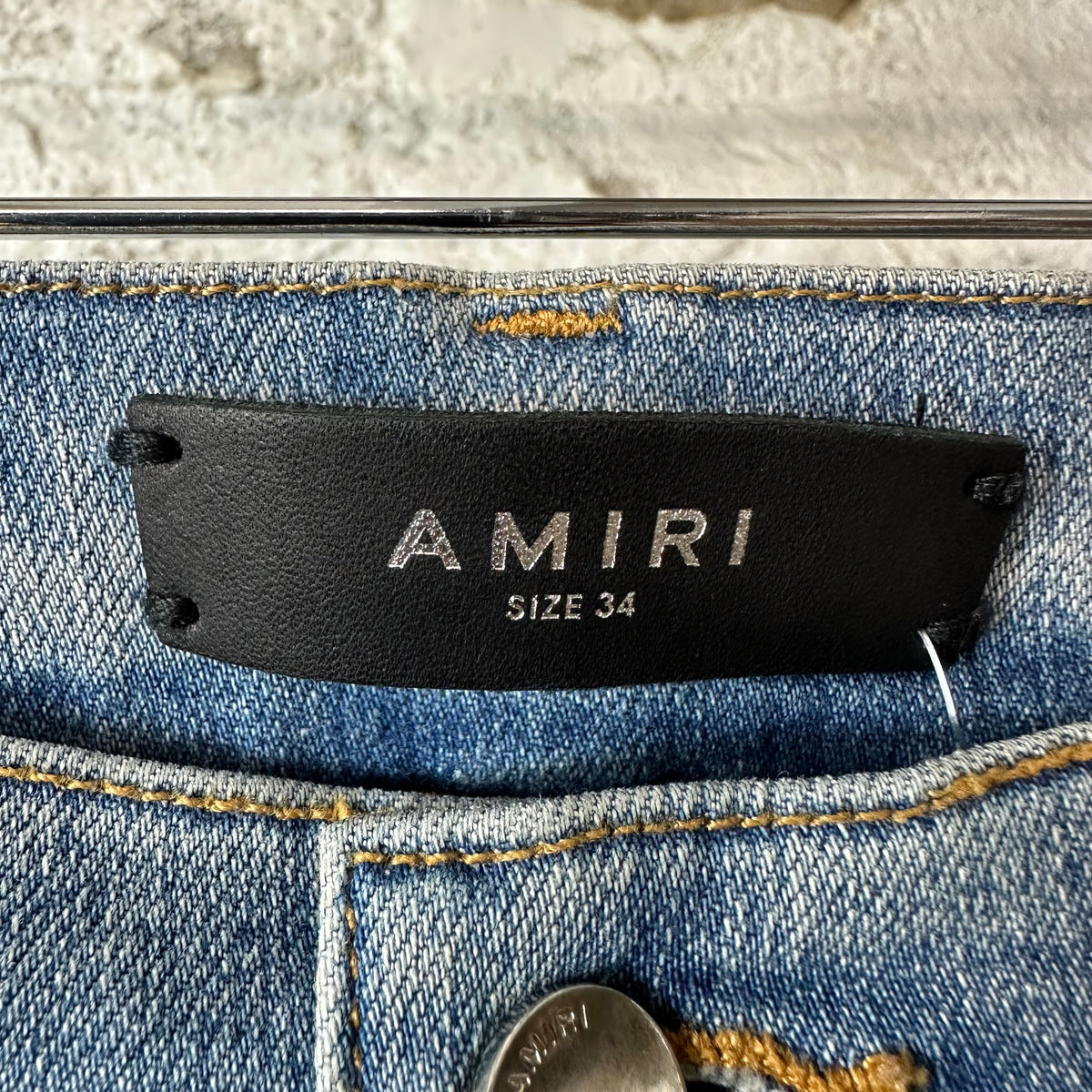 Amiri MX1 Grey Orange Plaid Patch Blue Denim Jeans Sz 34