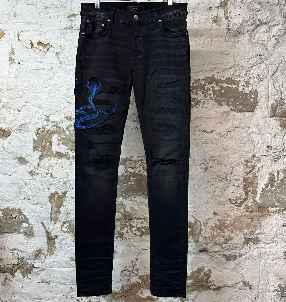 Amiri Blue Cobra Distressed Black Denim Jeans Sz 32