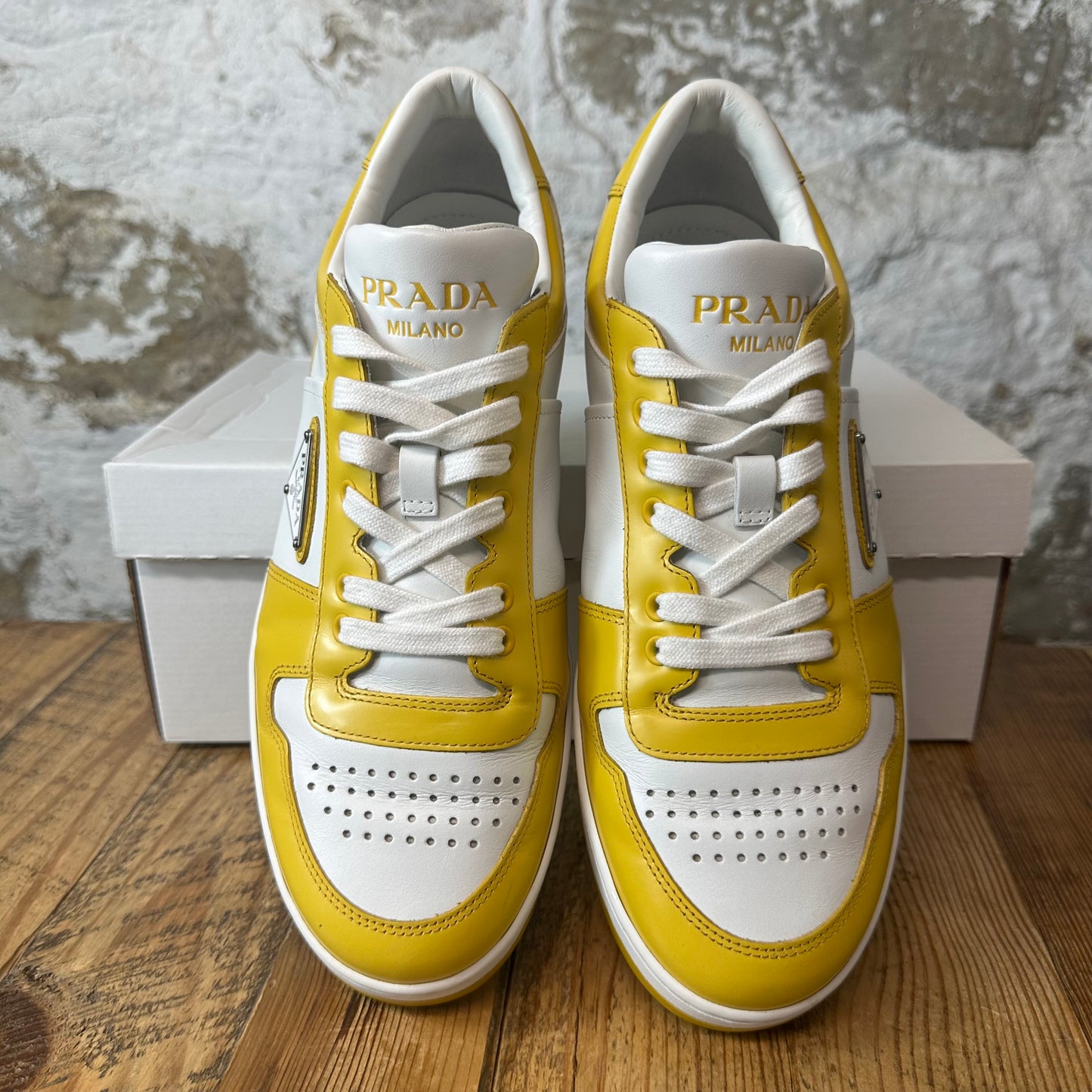 Prada Downtown Leather Yellow White Sneaker Sz 8