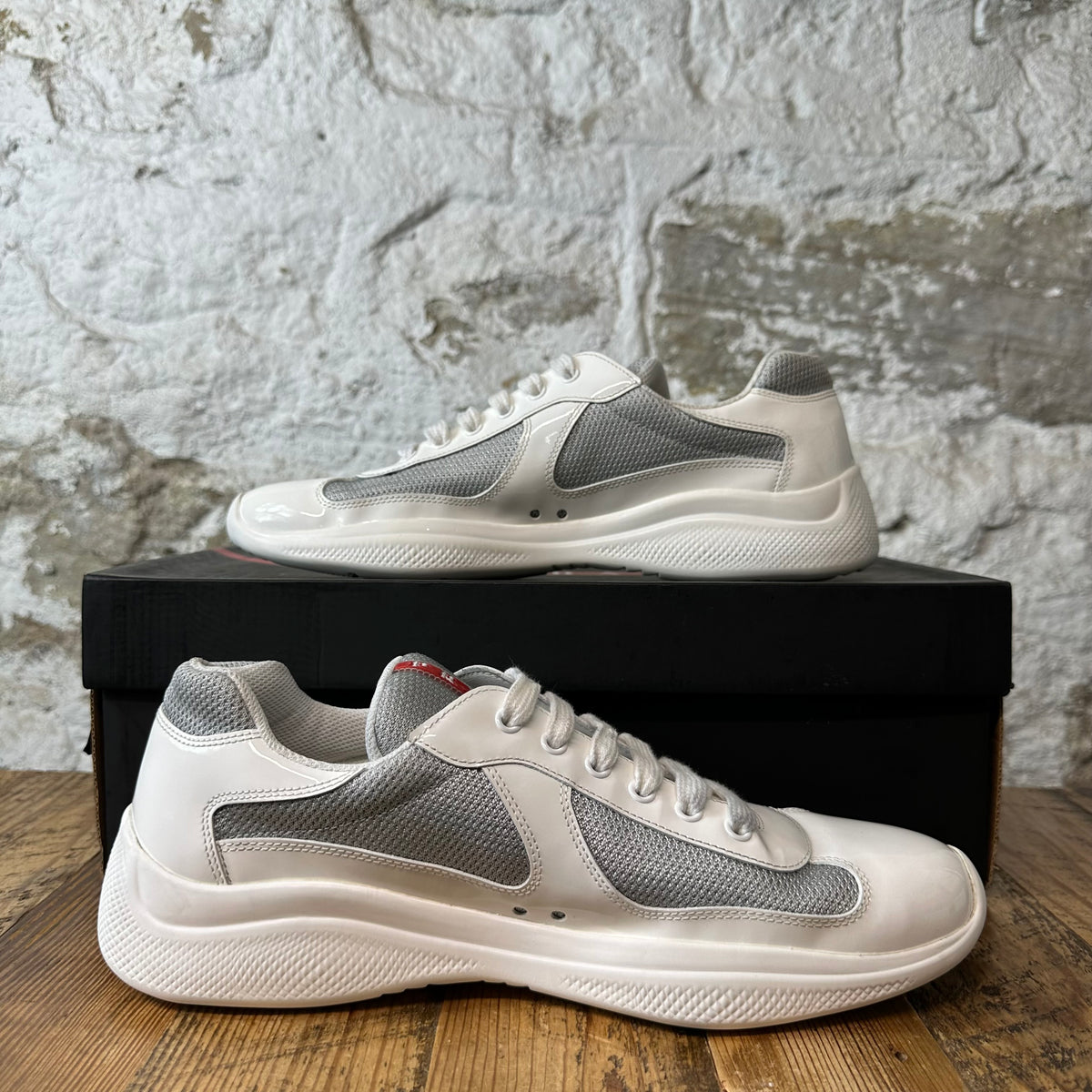Prada Americas Cup White Patent Grey White Sneaker Sz 9