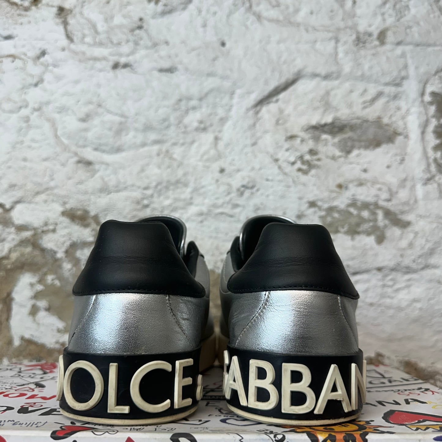 Dolce Gabanna Silver Black Cream Portofino Sneaker Sz 8.5