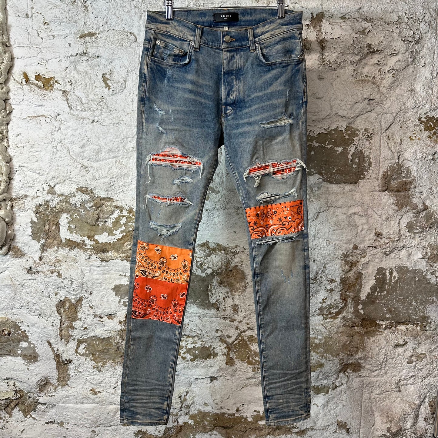 Amiri MX1 Orange Paisley Art Patch Blue Denim Jeans Sz 30