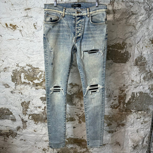 Amiri MX1 Black Leather Washed Blue Denim Jeans Sz 32