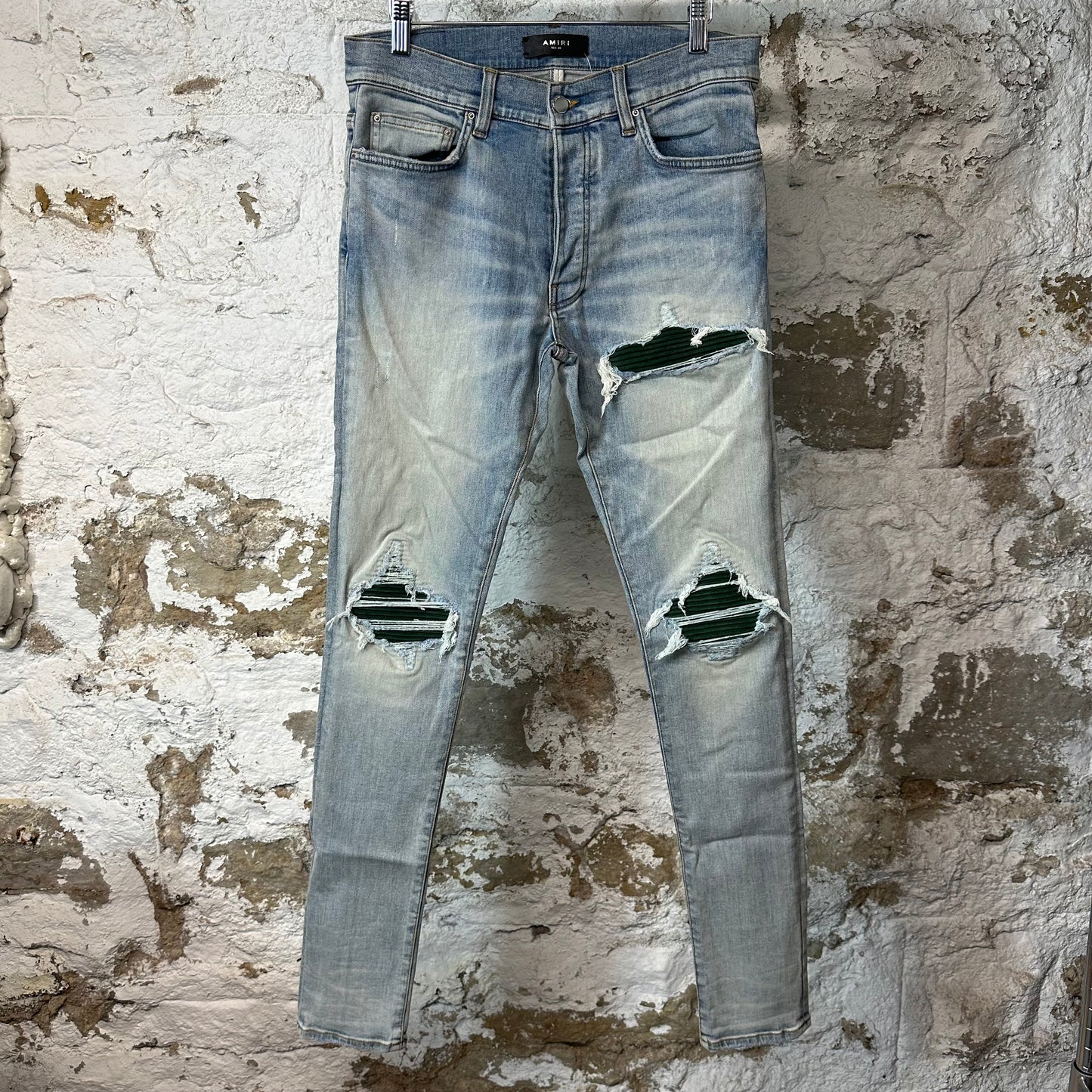Amiri MX1 Green Suede Light Blue Denim Jeans Sz 30