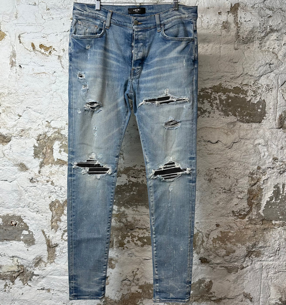 Amiri MX1 Black Leather Blue Denim Jeans Sz 33
