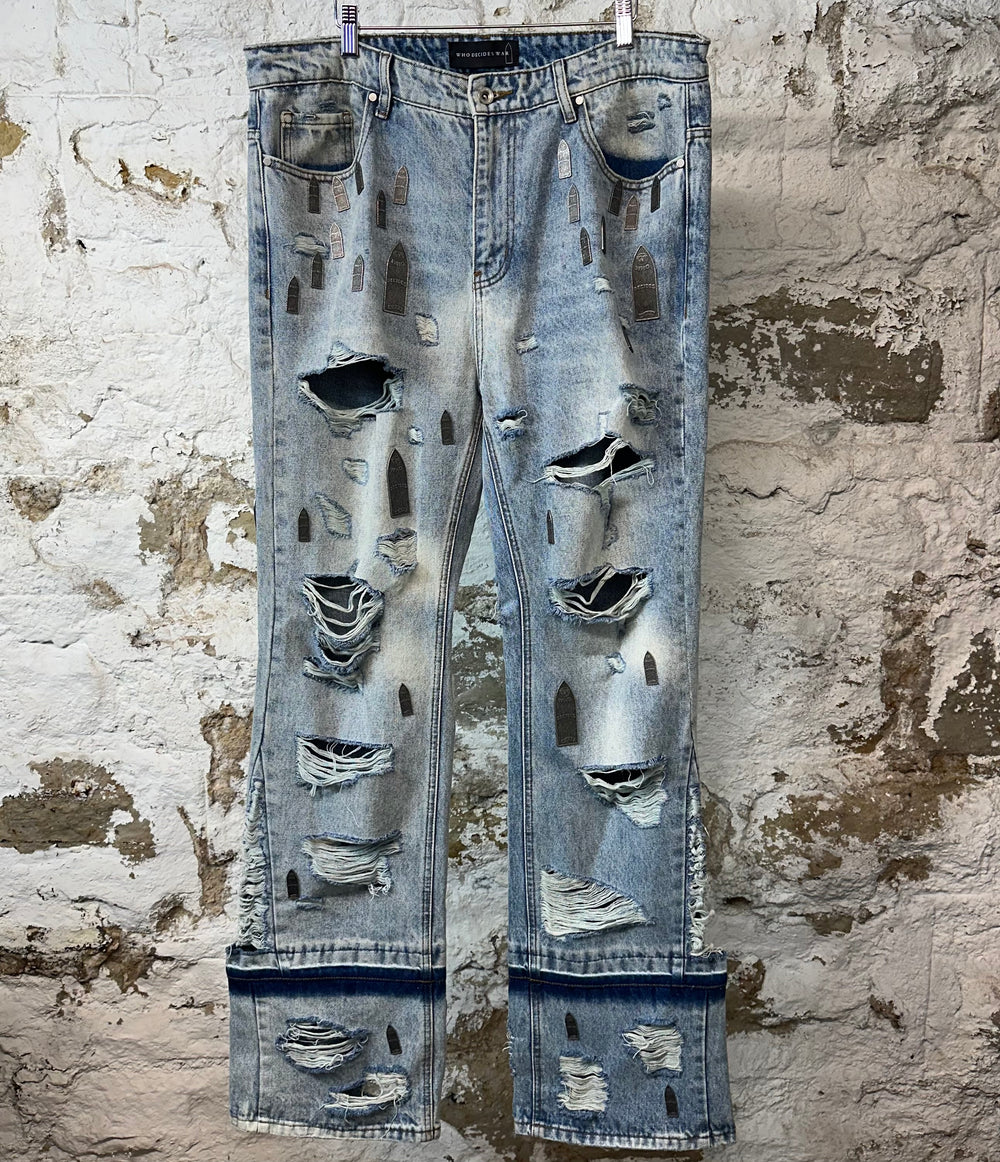 Who Decides War Metal Stained Glass Blue Denim Jeans Sz 36