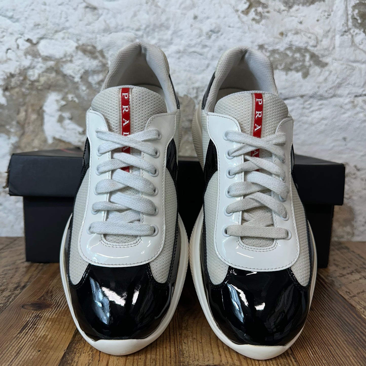 Prada Americas Black Patent Cream White Sneaker Sz 8