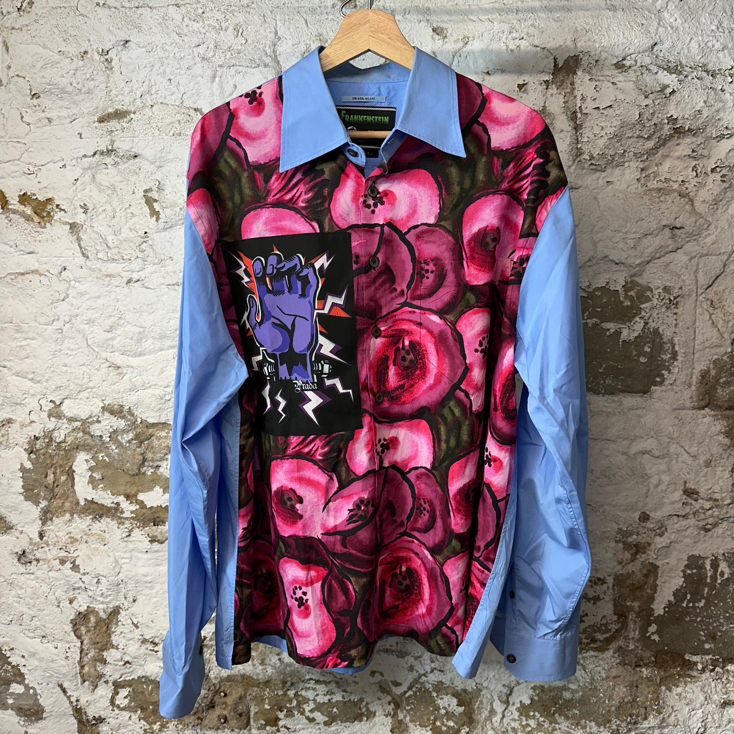 Prada Frankenstein Rose Blue Button Up Shirt Sz XXL
