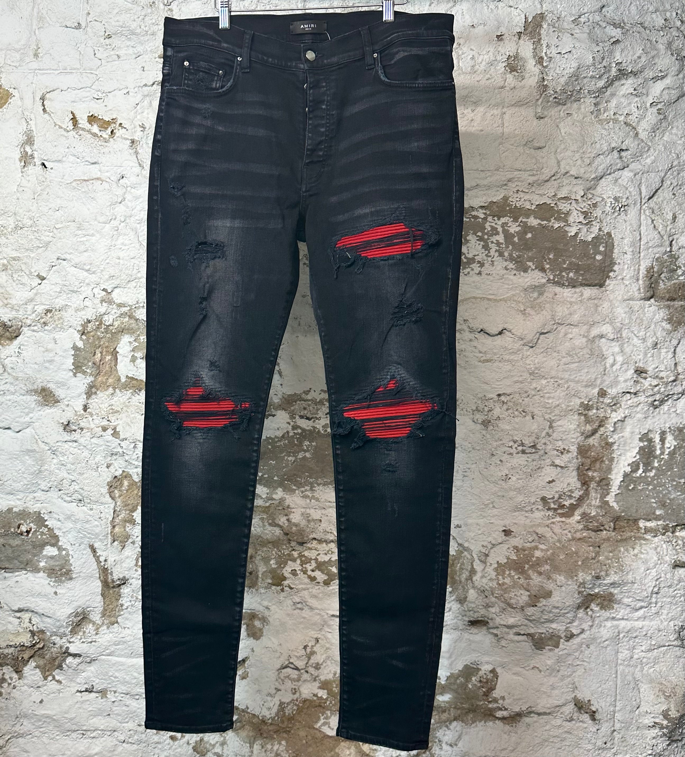 Amiri MX1 Red Suede Black Denim Jeans Sz 38