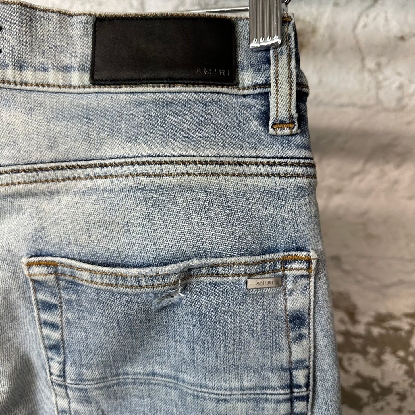 Amiri MX1 Black Leather Washed Blue Denim Jeans Sz 28