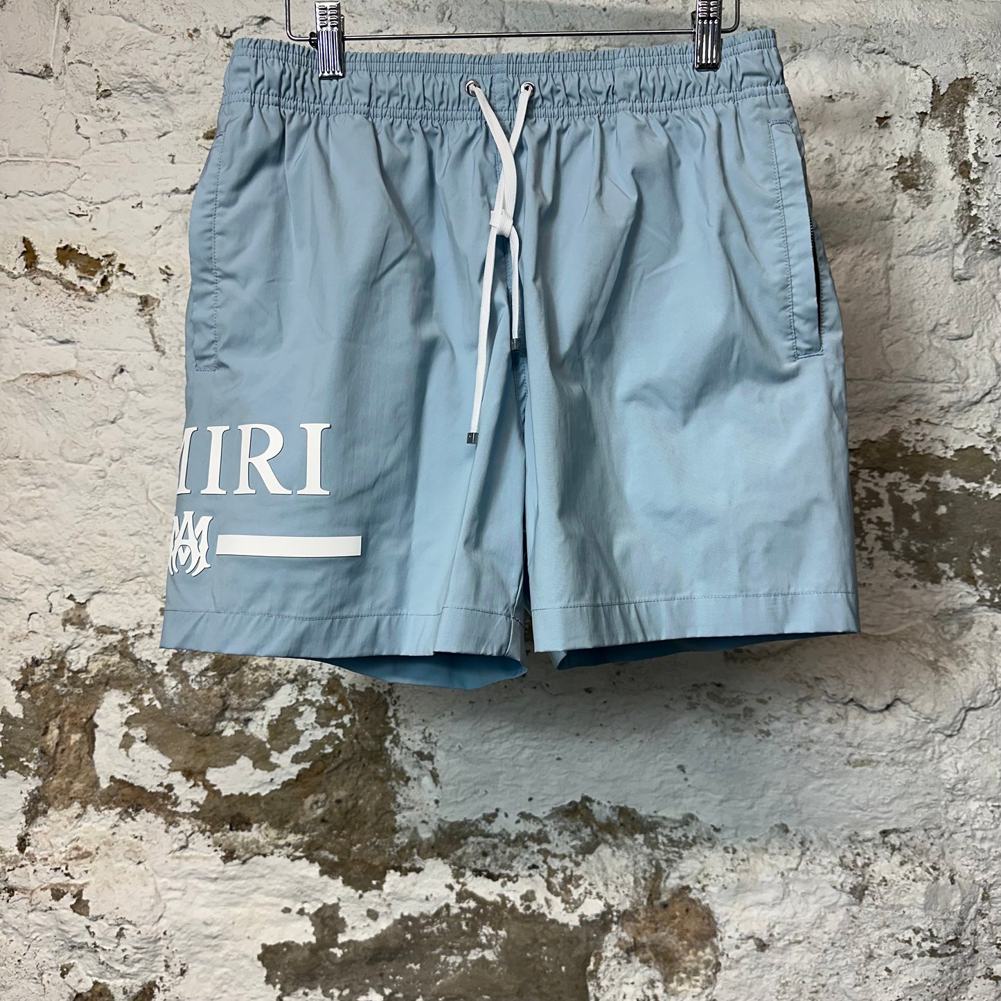 Amiri White Bar Logo Light Blue Shorts Sz M