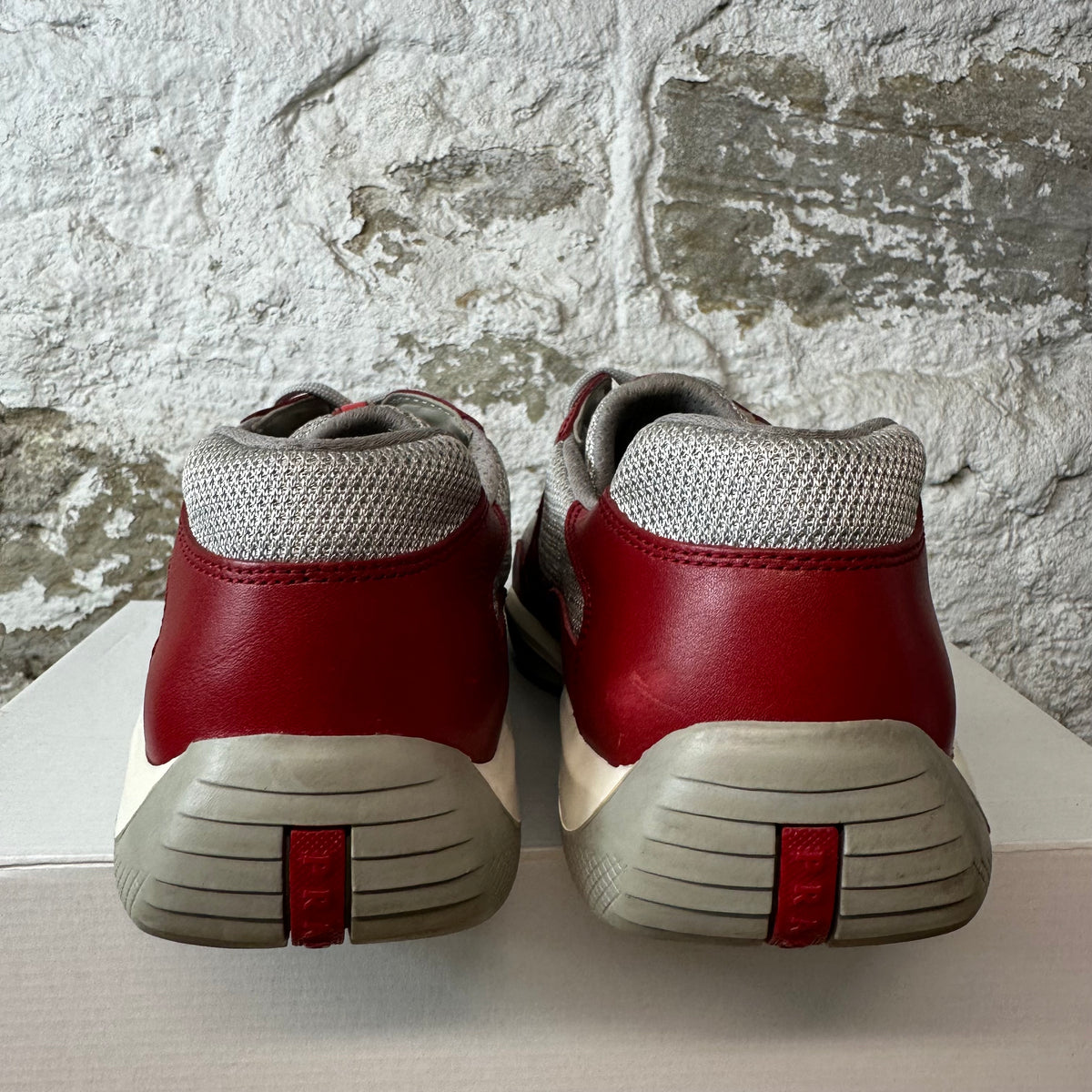 Prada Americas Cup Vintage Red Leather Grey Sneaker Sz 11