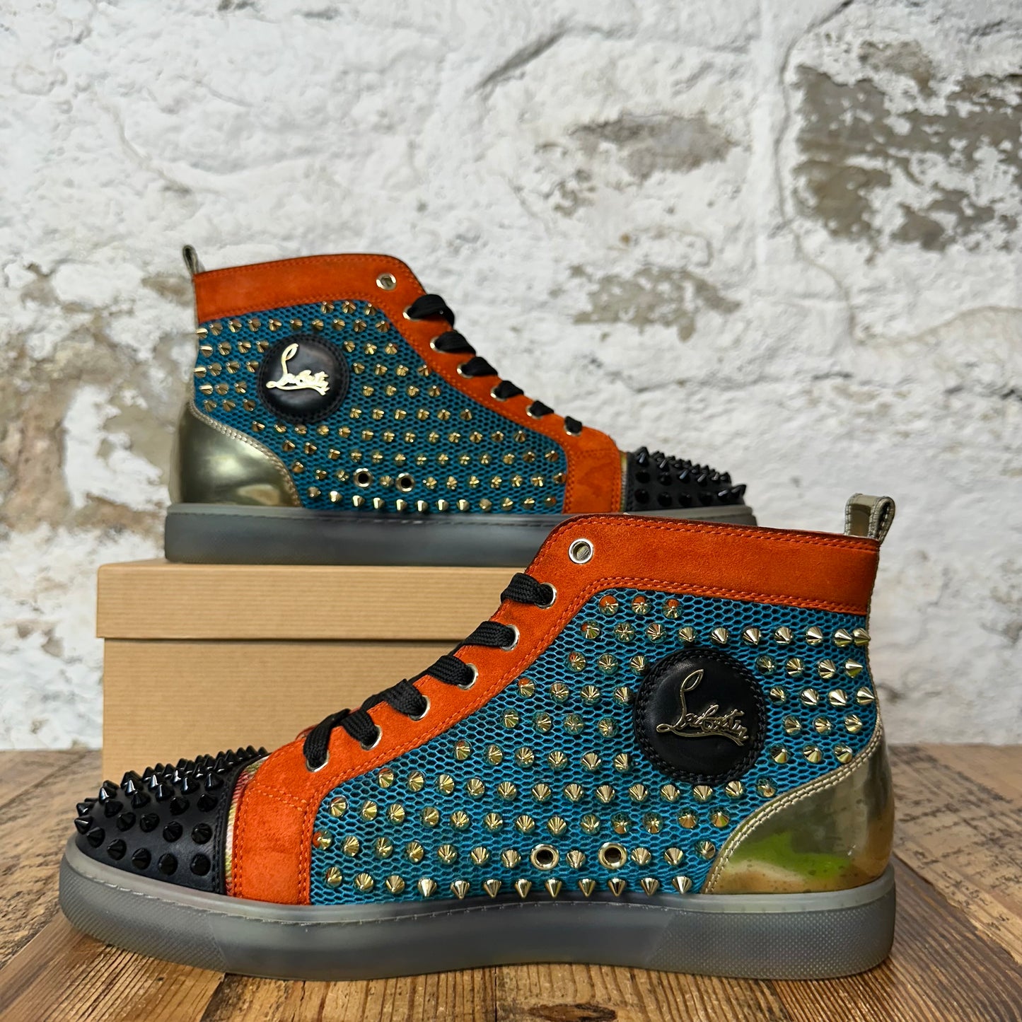 Christian Louboutin High Teal Orange Spike Sneaker Sz 8.5 (41.5)