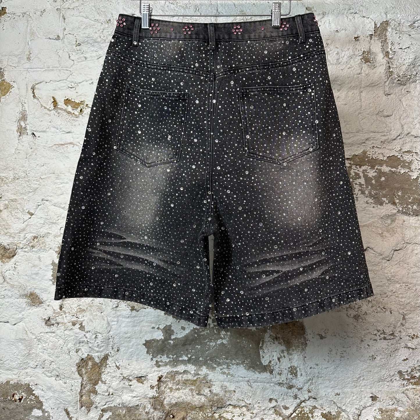 Vale Pink Iced Out Jean Shorts Black Sz 30